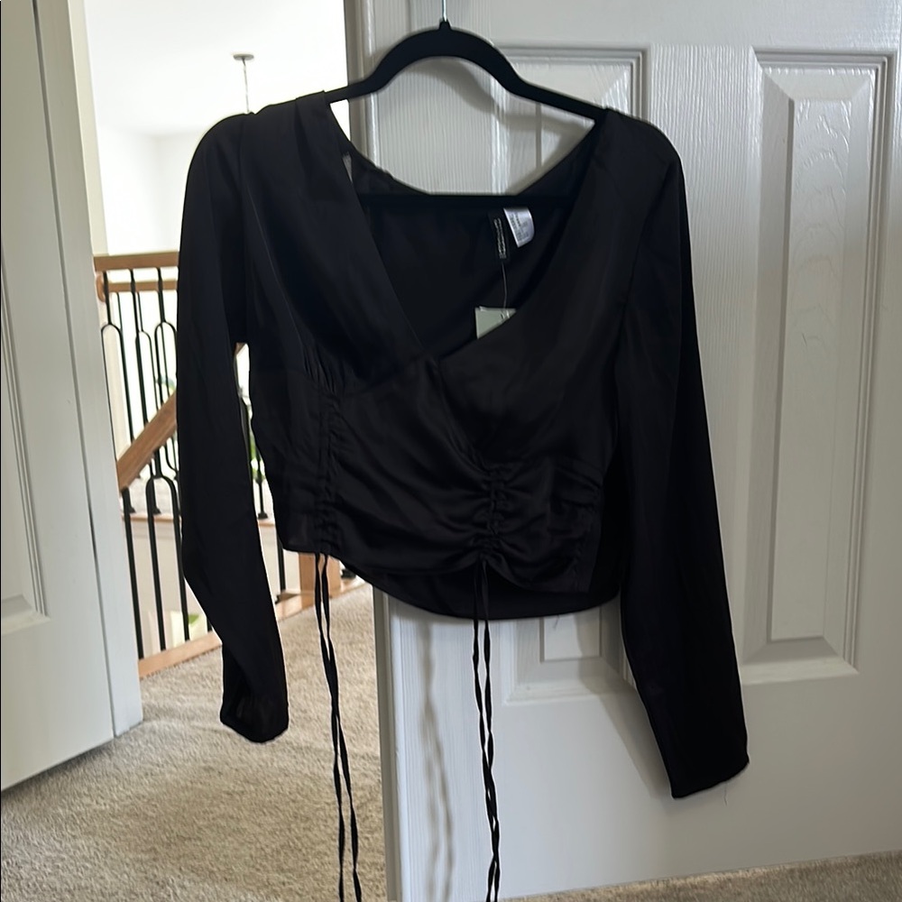 Divided Black Wrap Blouse with Ruched Tie Front
